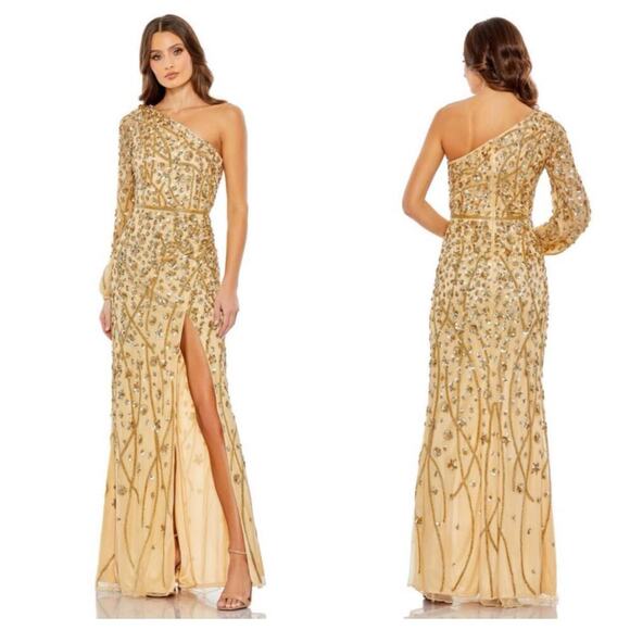 Mac Duggal Sequin One-Shoulder Wrap Gown Dress Gold Size 16 NWT - Picture 1 of 14